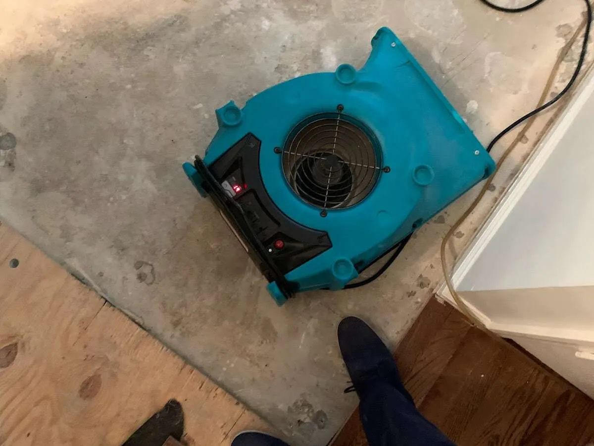 Air mover drying subfloor during Leak Detection & Repair in North Port